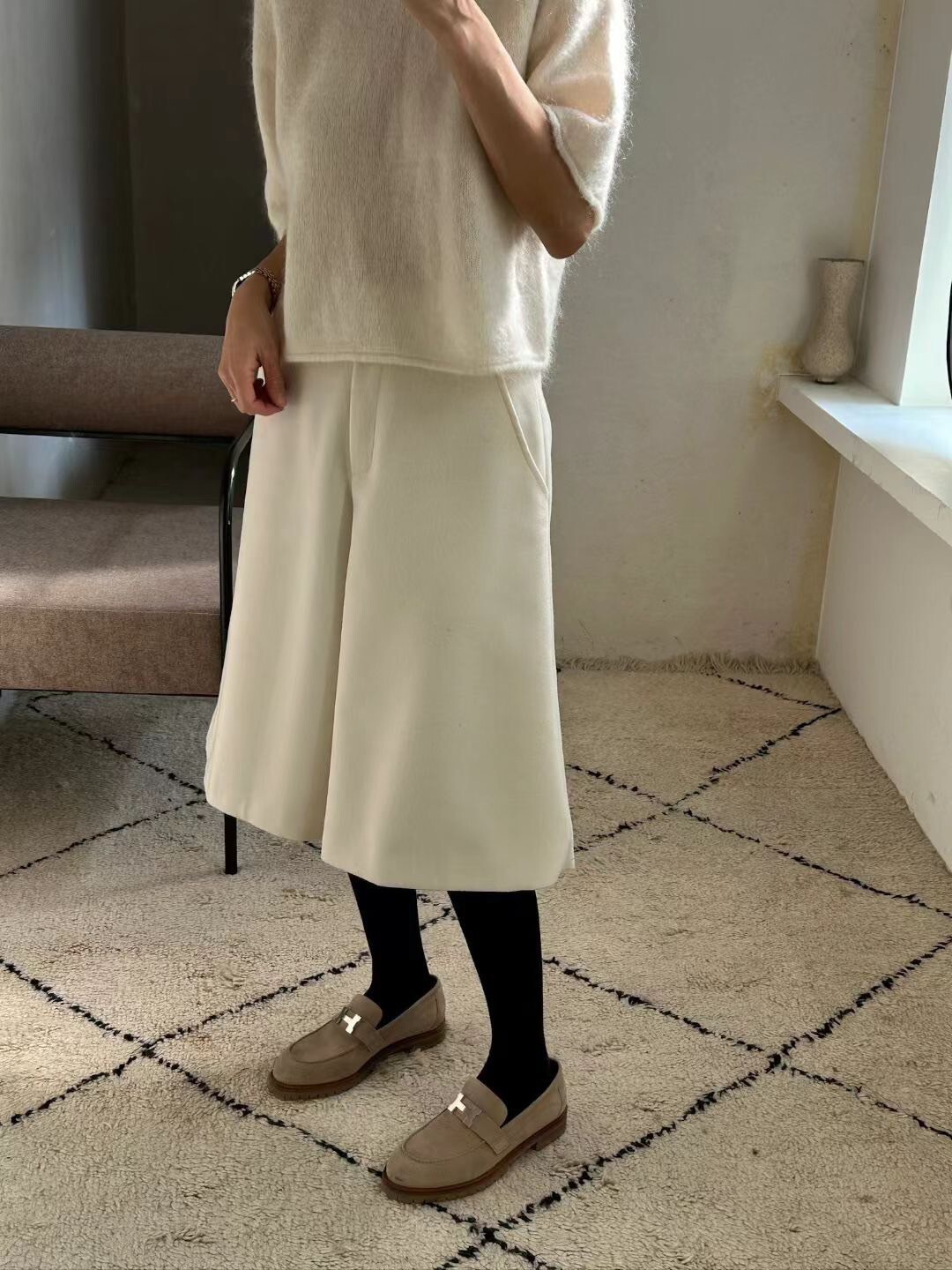 秋冬色系毛呢七分褲寬褲-S-Ｍ / 3色