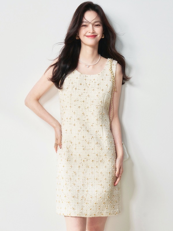 小香珍珠花呢洋裝 米白