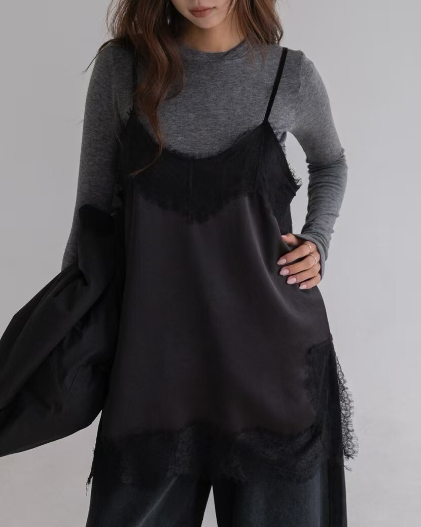 配色肩帶睫毛蕾絲滾邊外搭背心上衣 / 3色