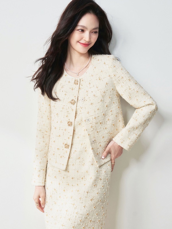 小香珍珠花呢外套 米白