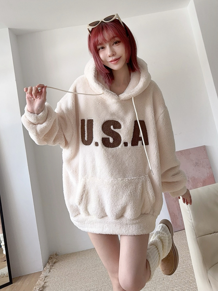 BB可愛氛圍USA毛毛oversized連帽T (3色)