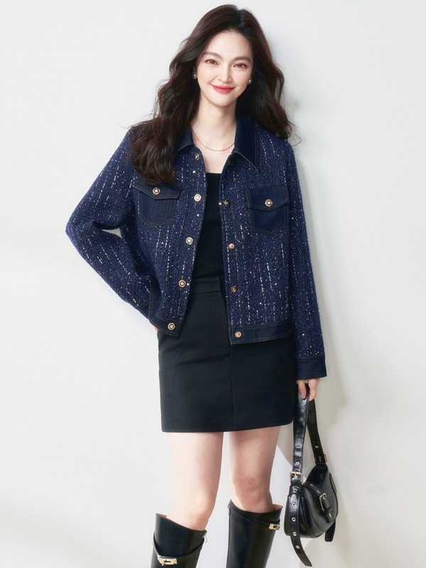 小香牛仔金絲毛呢外套 藏青