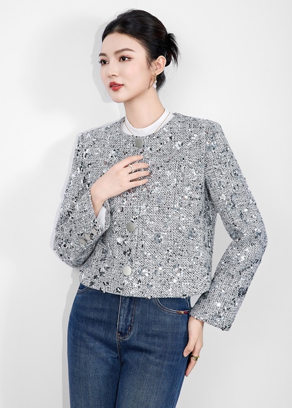 小香亮片混色粗花呢外套 銀灰