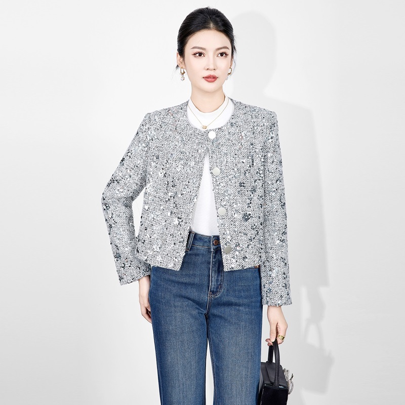 小香亮片混色粗花呢外套 銀灰