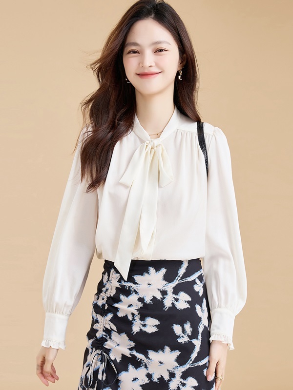 抓褶綁帶雪紡襯衫 米白