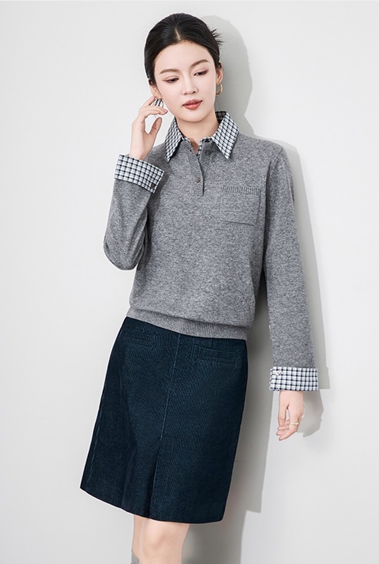 假兩件格紋拼接上衣 灰色