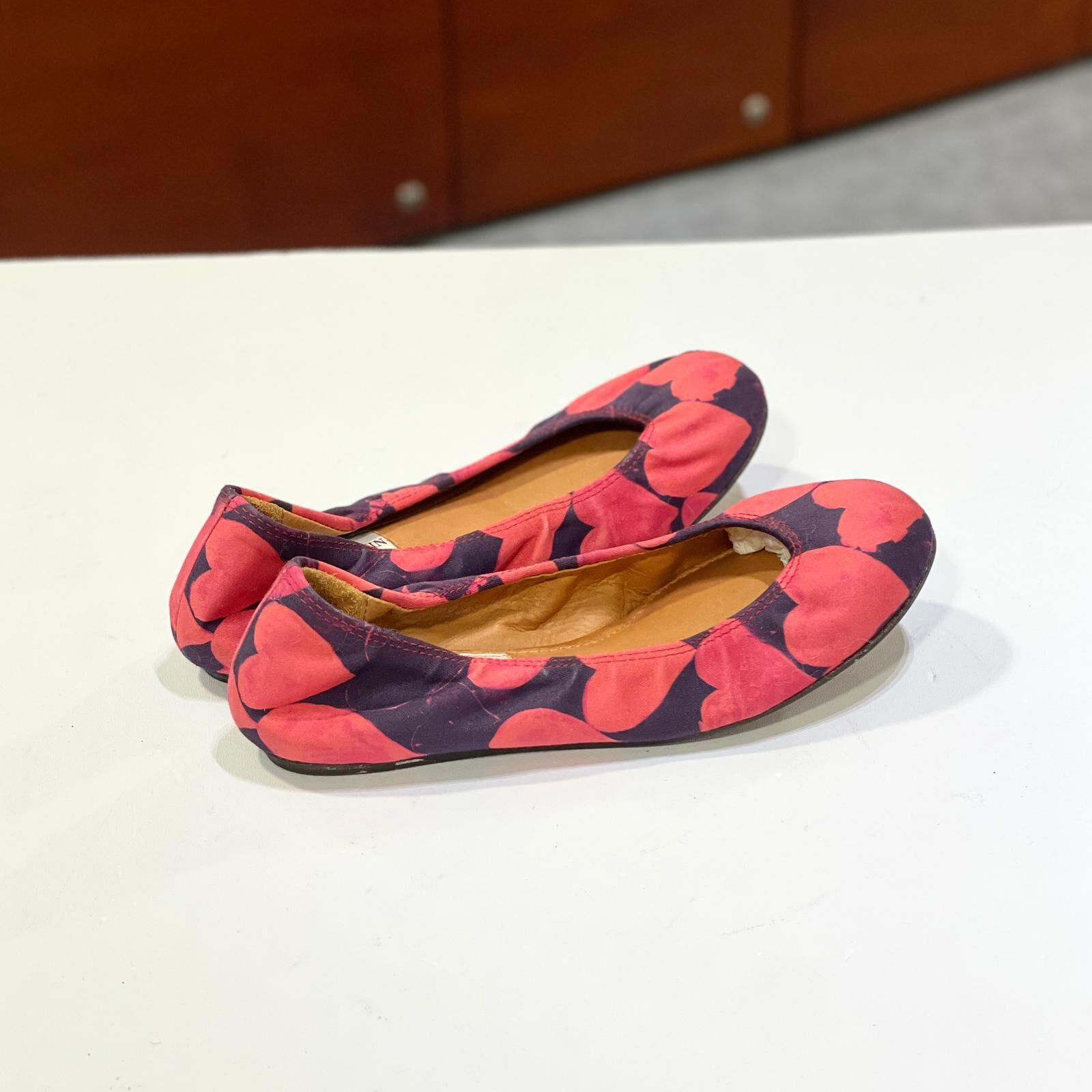 只有35碼~全球最抵!!! 全新LANVIN FLAT SHOES 紫色/粉色愛心印花,棉緞拼啡色真皮內籠,浪凡芭蕾舞鞋, #BRAND NEW #香榭站正品