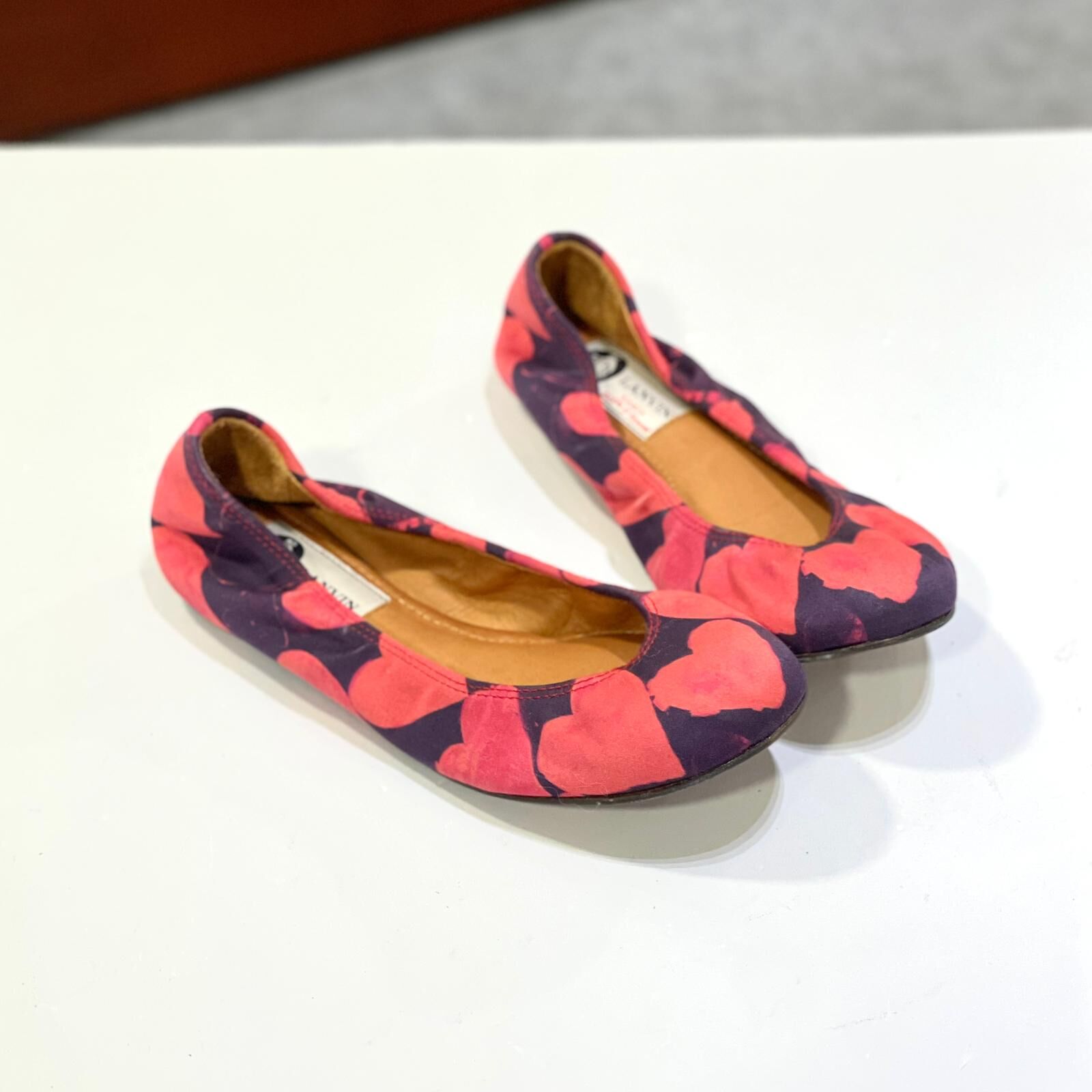 只有35碼~全球最抵!!! 全新LANVIN FLAT SHOES 紫色/粉色愛心印花,棉緞拼啡色真皮內籠,浪凡芭蕾舞鞋, #BRAND NEW #香榭站正品