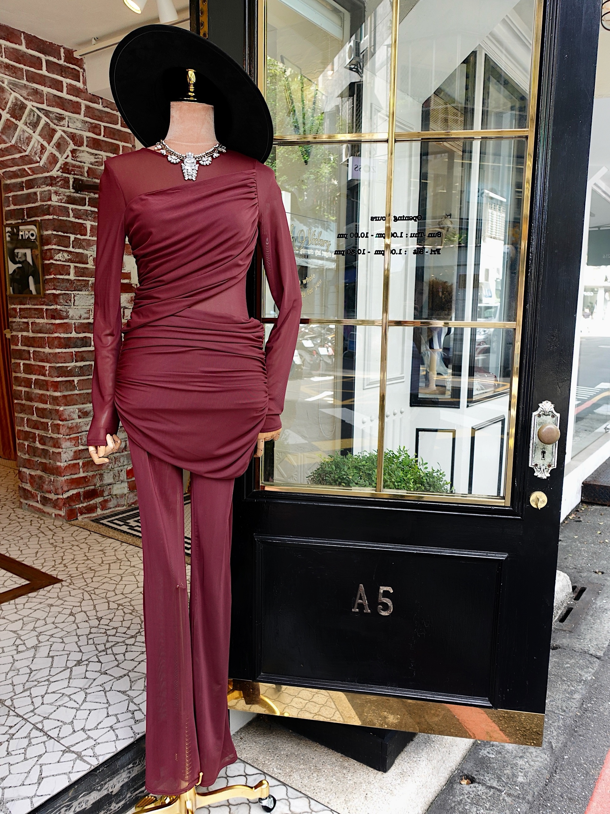 Burgundy煙燻酒紅色透紗抓皺連身長褲Jumpsuit