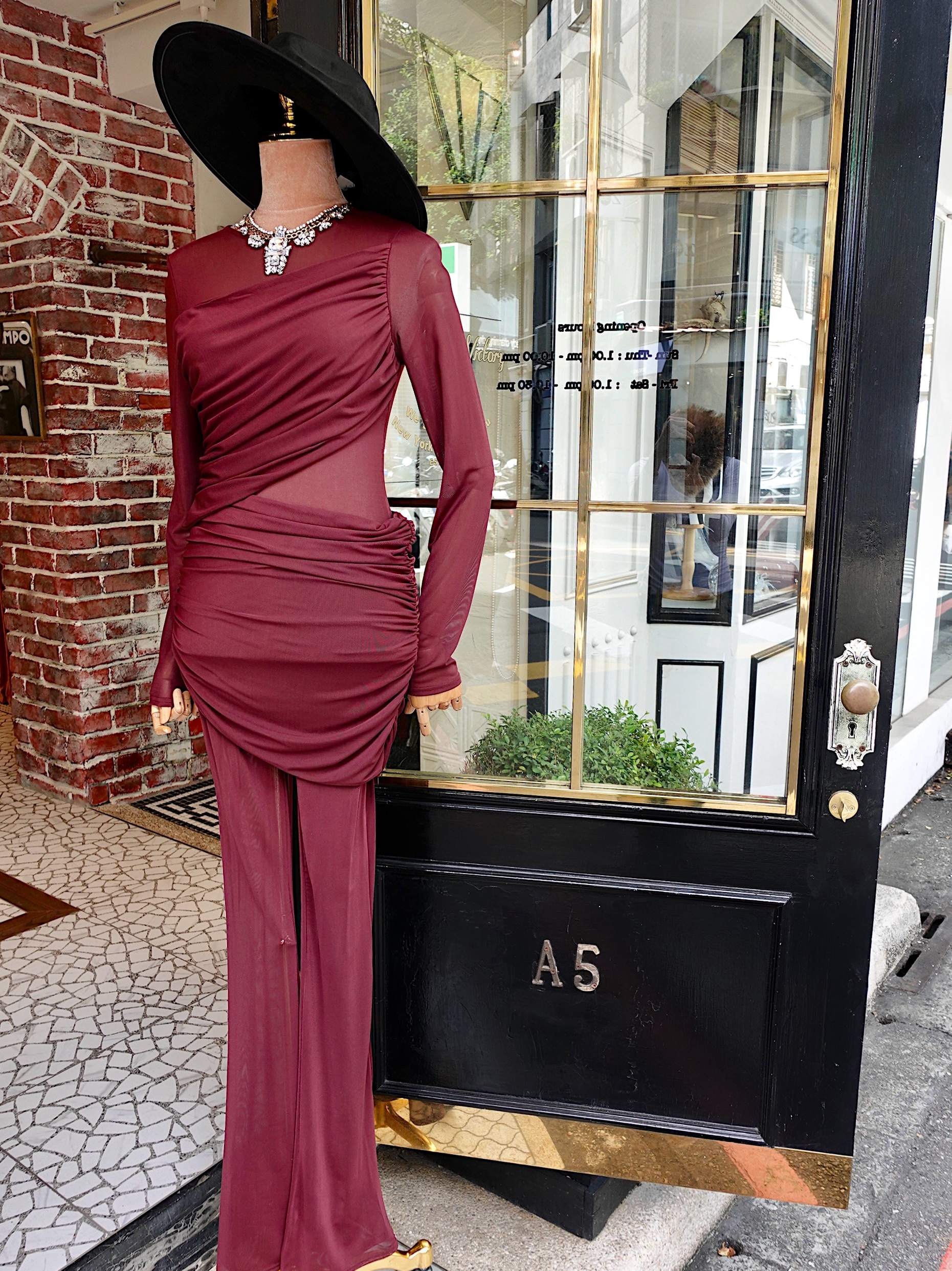 Burgundy煙燻酒紅色透紗抓皺連身長褲Jumpsuit