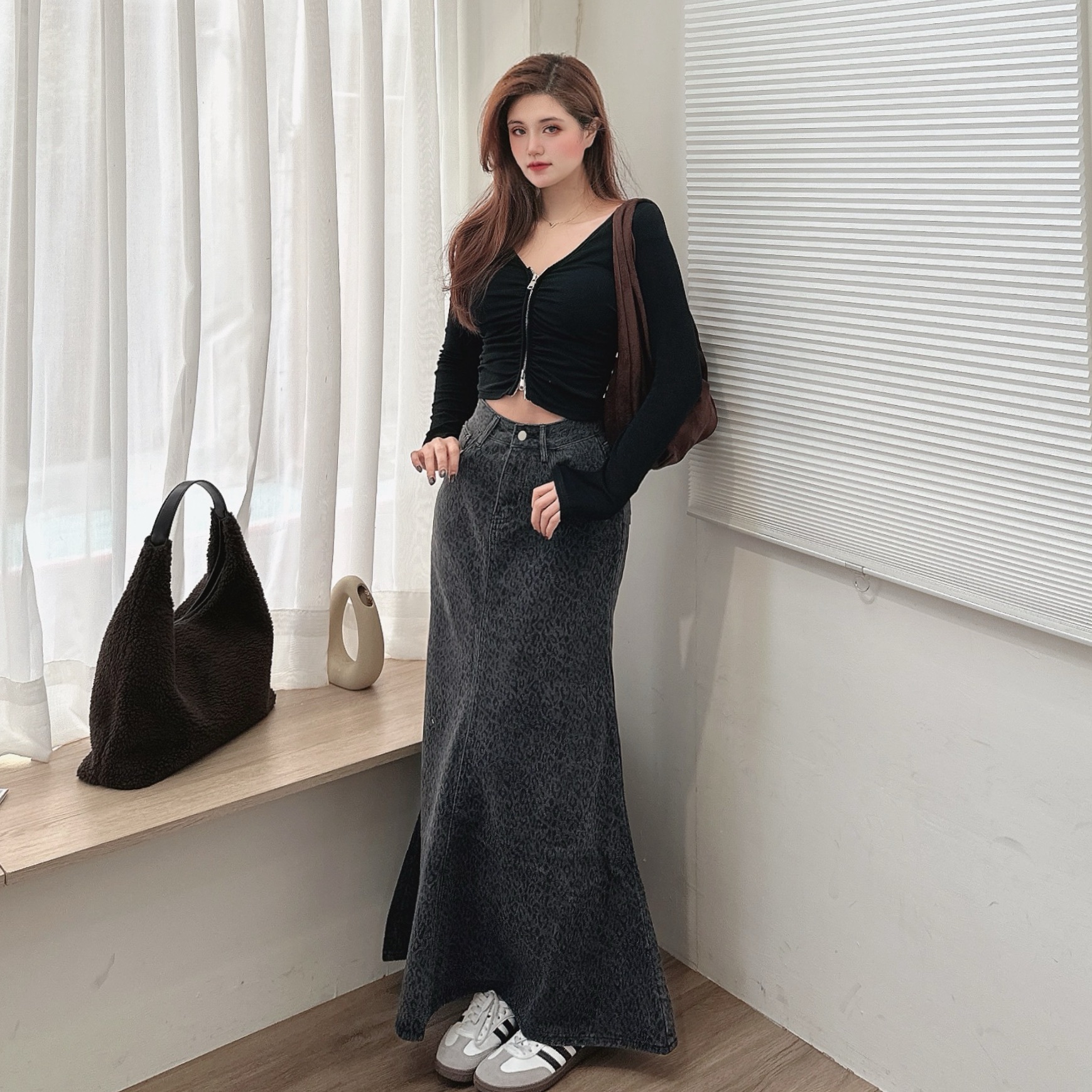 雙拉鍊V領抓皺上衣/三色