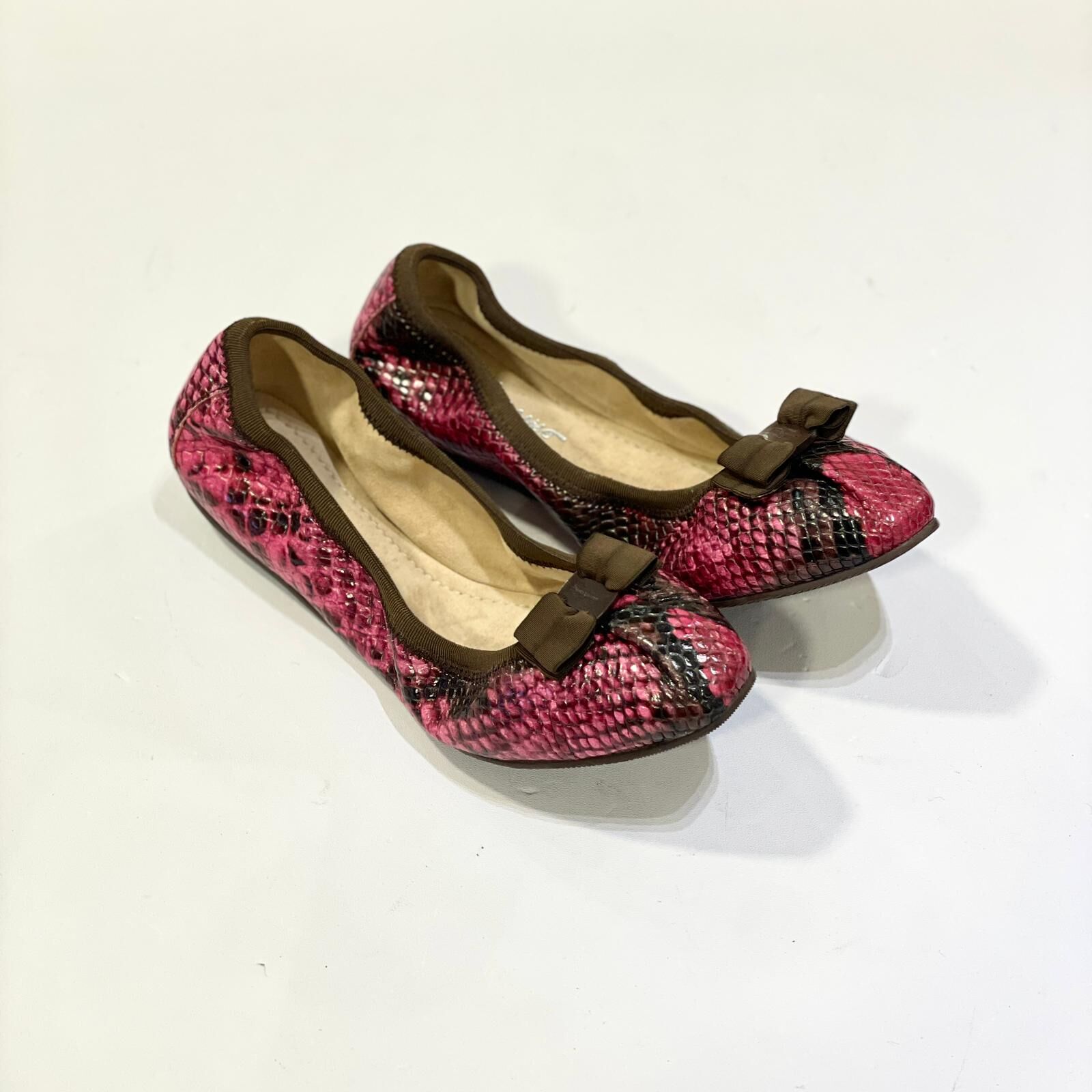 只有35碼~全球最抵!!!全新FERRAGAMO FLAT SHOES, 粉紅色蛇皮壓花配棕色蝴蝶結, 菲拉格慕芭蕾舞鞋 #BRAND NEW #香榭站正品