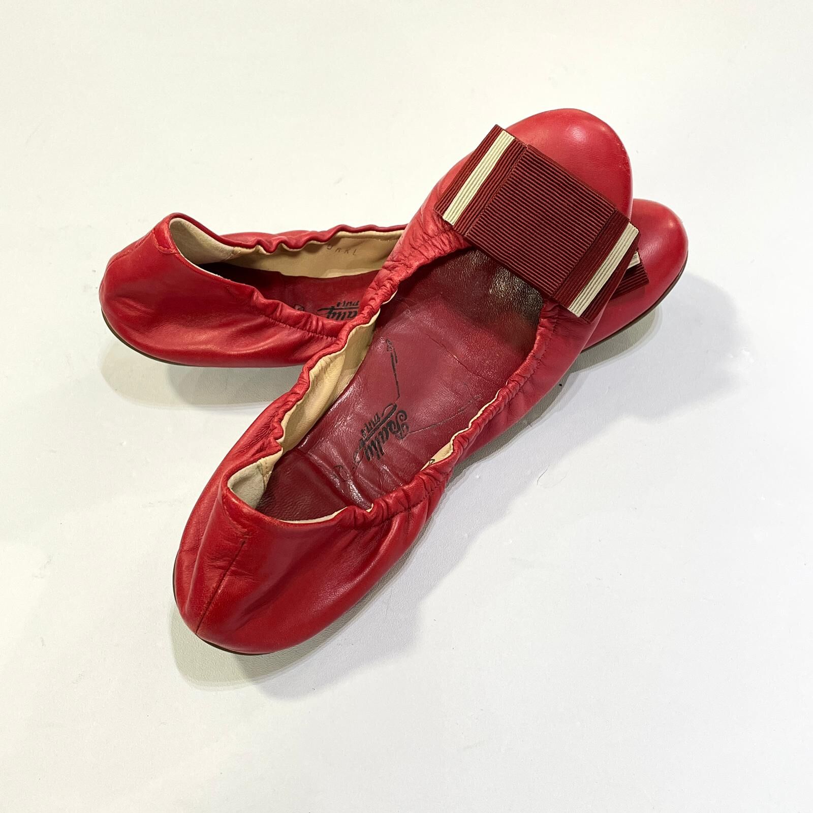 只有35碼~超級筍價!!!!!!95%NEW二手BALLY芭蕾舞鞋 紅色小羊皮配紅白編織蝴蝶結#香榭站正品