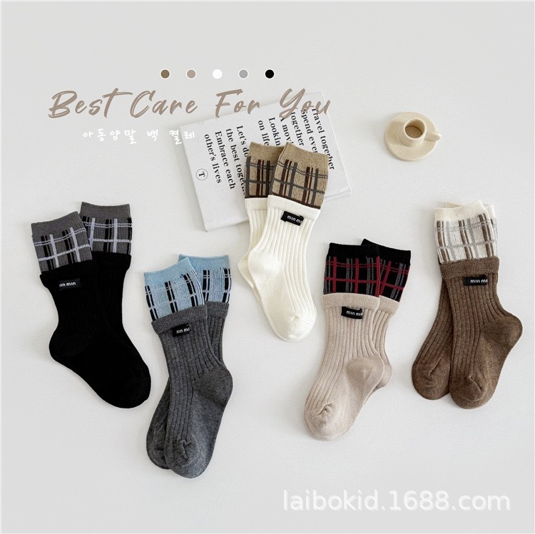 學院感格子拼接襪