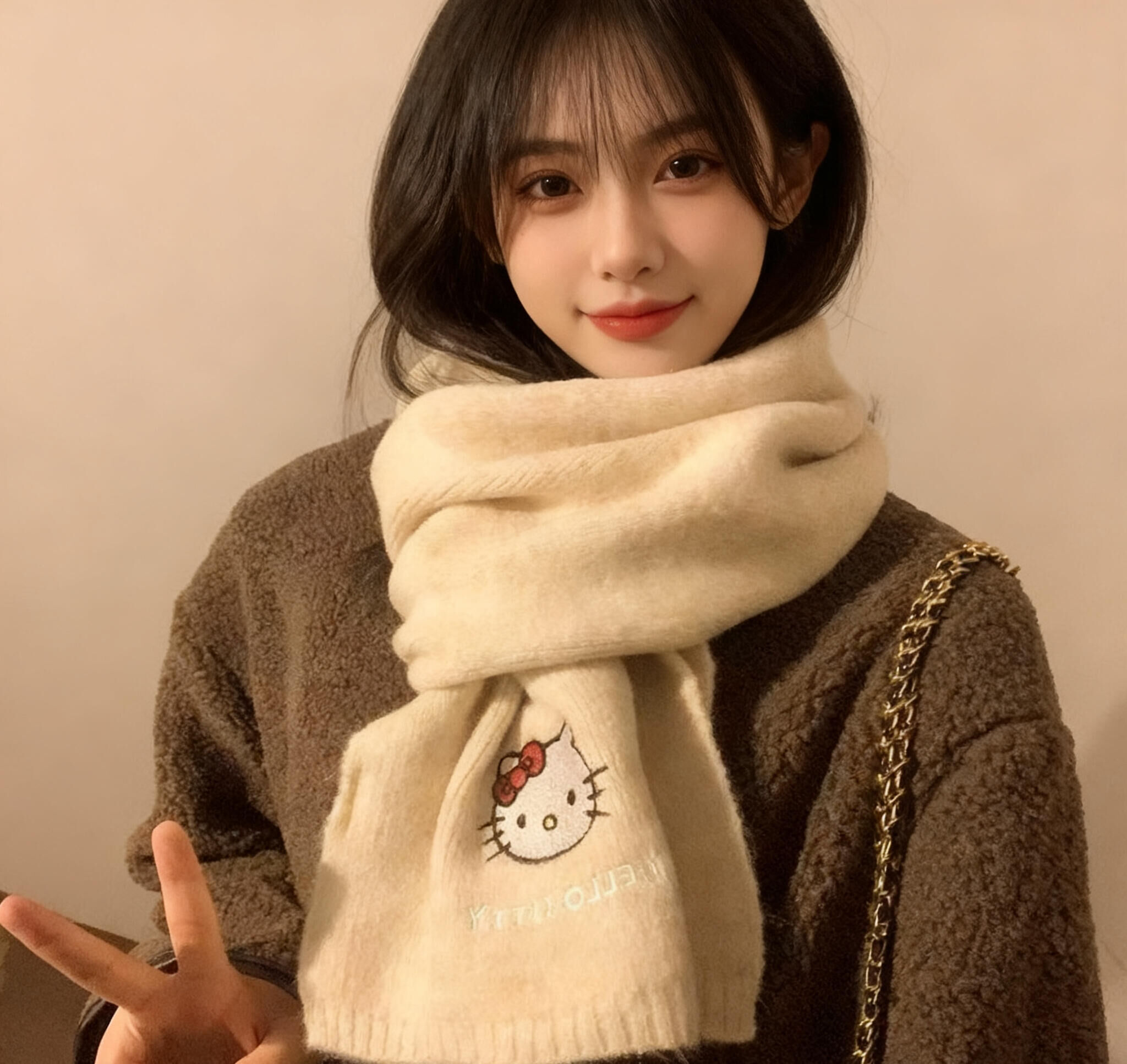 代購-Sanrio三麗鷗 HelloKitty凱蒂貓 刺繡 毛絨 羊毛混紡 圍巾 2色