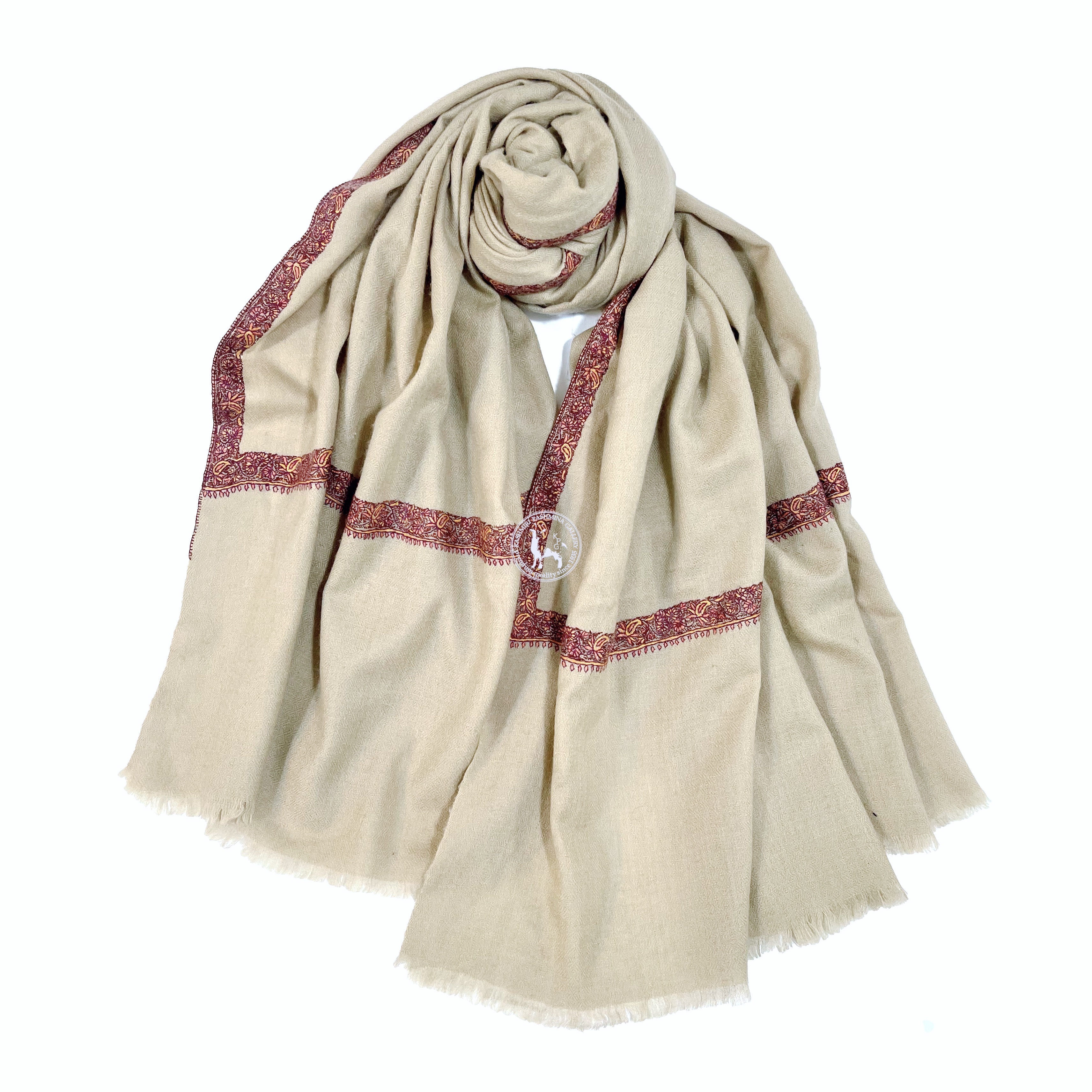 卡其色喀什米爾山羊絨邊緣刺繡披肩圍