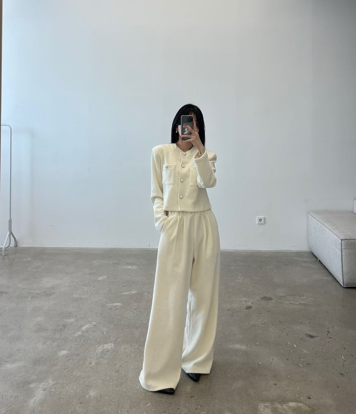 珍珠氣質餅乾紋上衣+褲SET