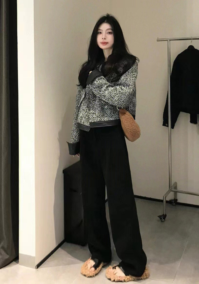 羊毛黑白毛尼 皮革拼接外套