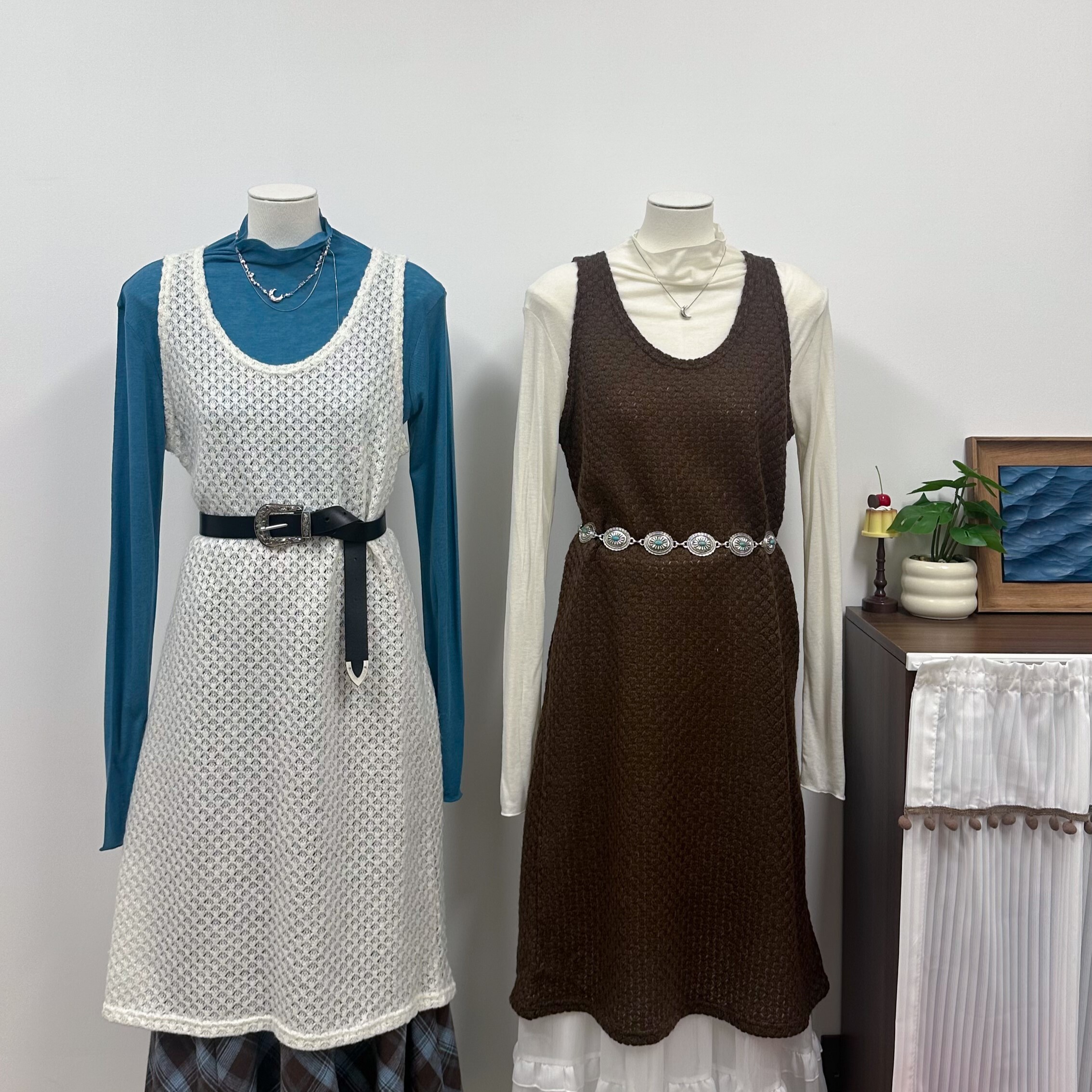 背心針織長外搭(白/啡)