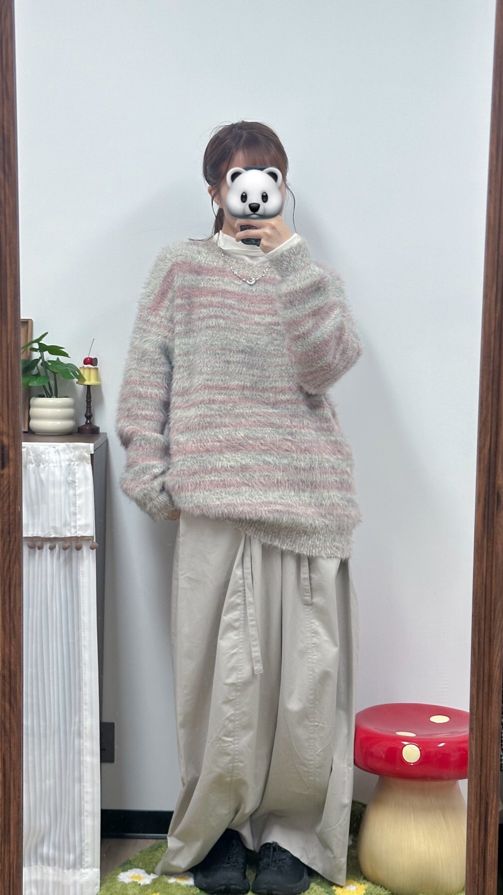 糖果色間條毛毛上衣(綠/灰)