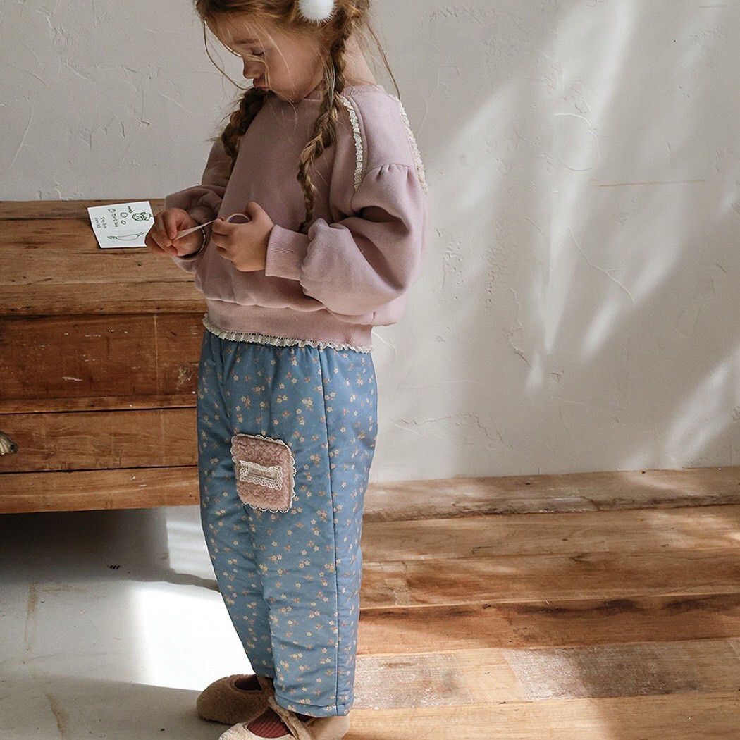 【現貨】130 FLO 藍色復古花朵夾棉長褲