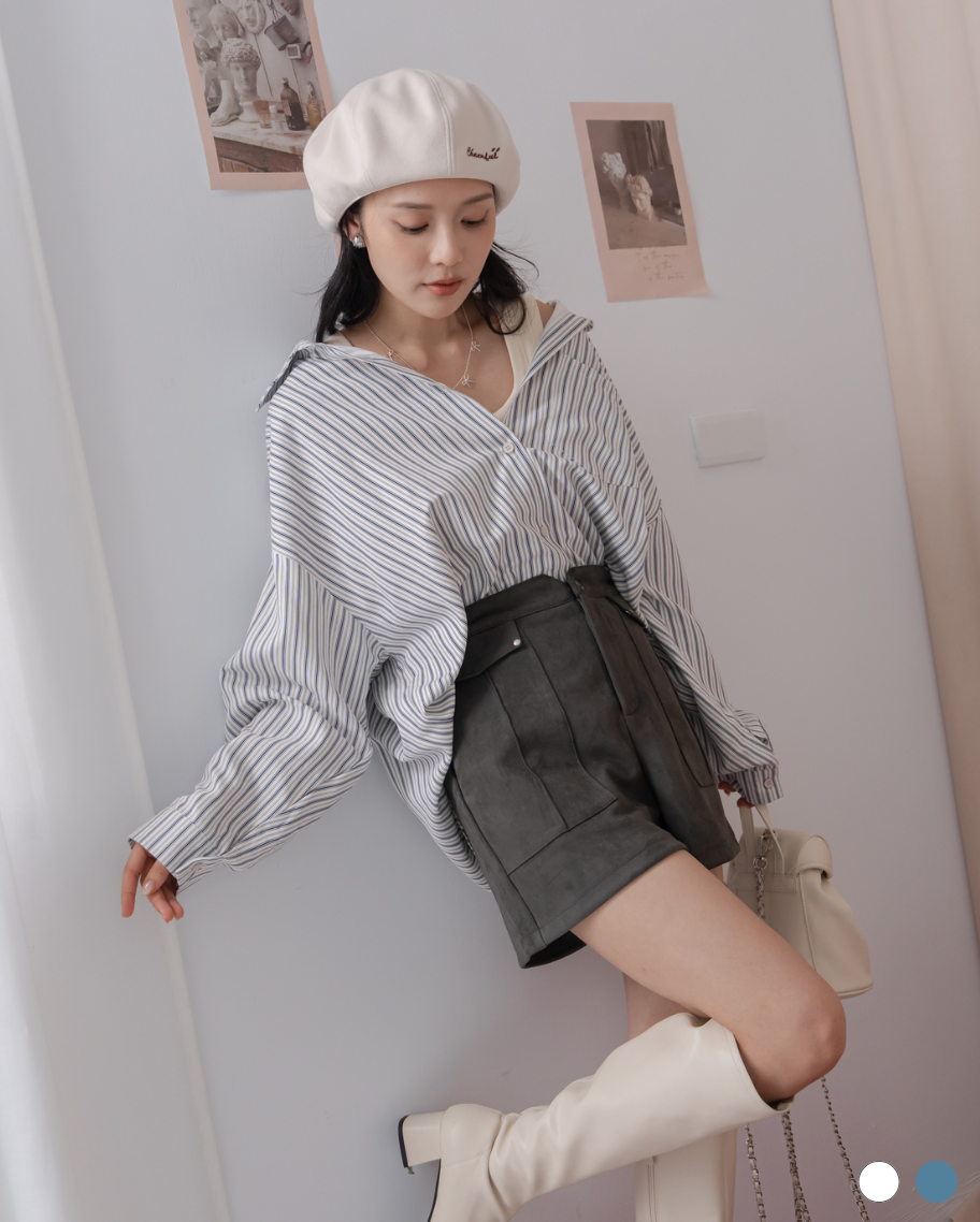 休閒挺版袖綁帶條紋襯衫