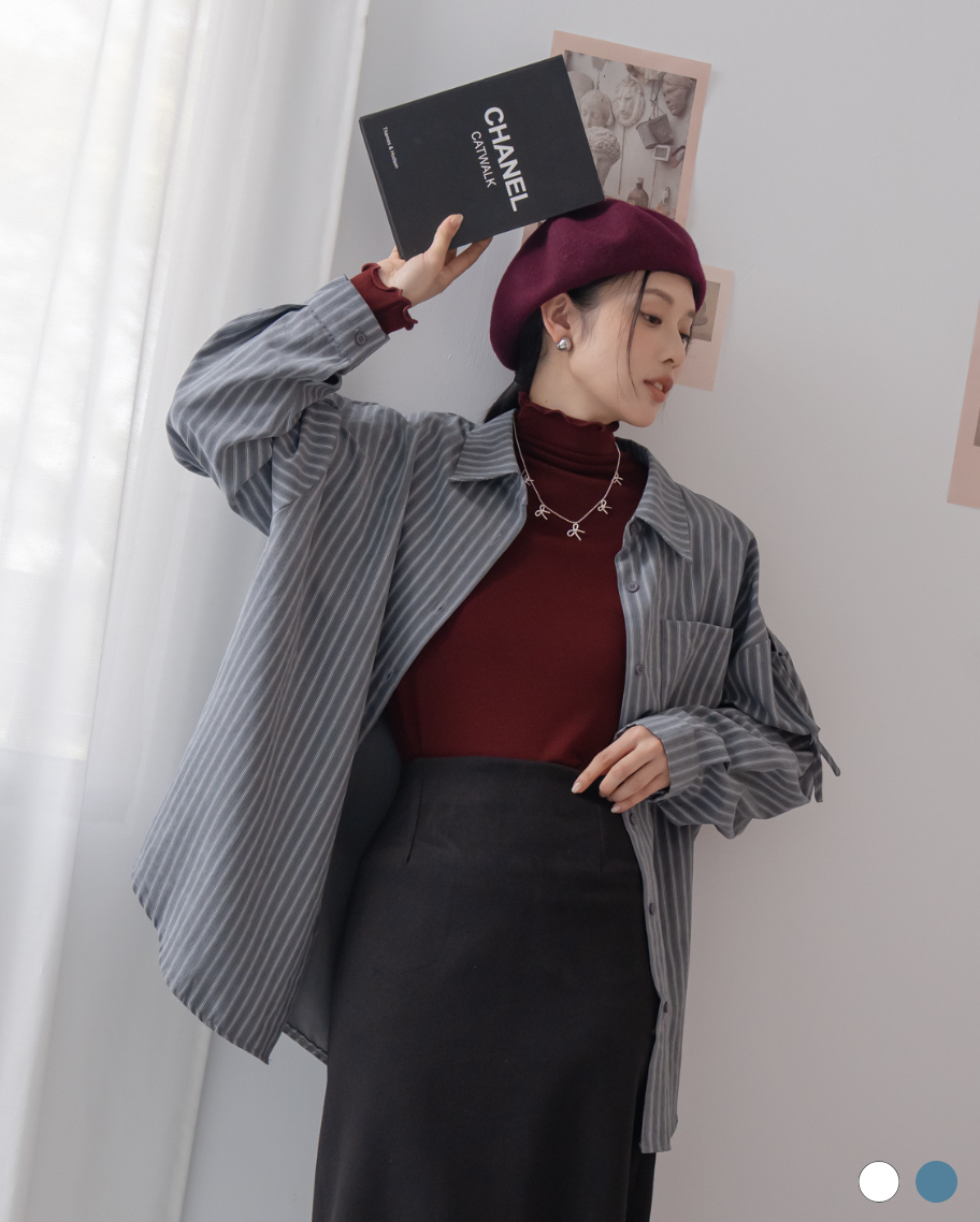 休閒挺版袖綁帶條紋襯衫