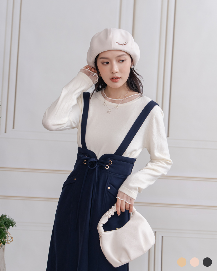 薄紗荷葉拼接圓領上衣