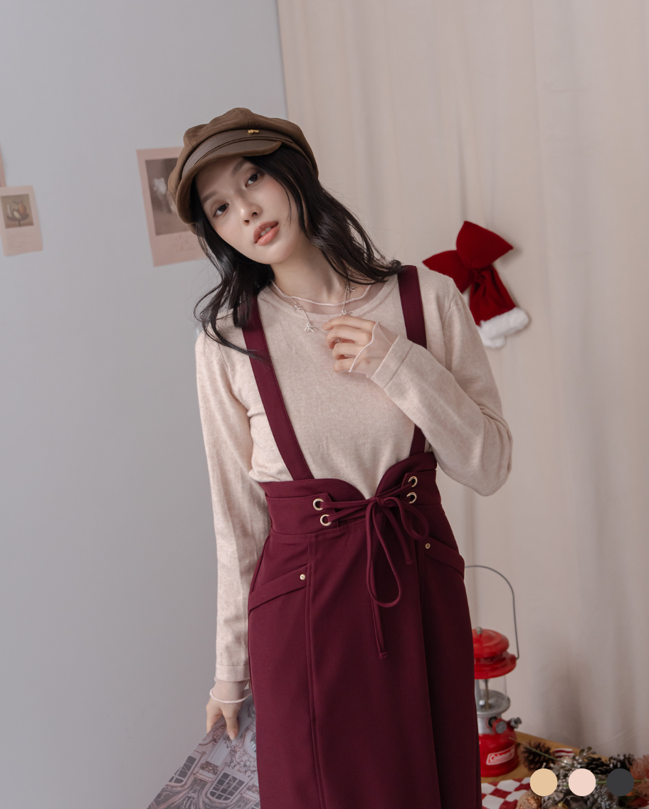 薄紗荷葉拼接圓領上衣