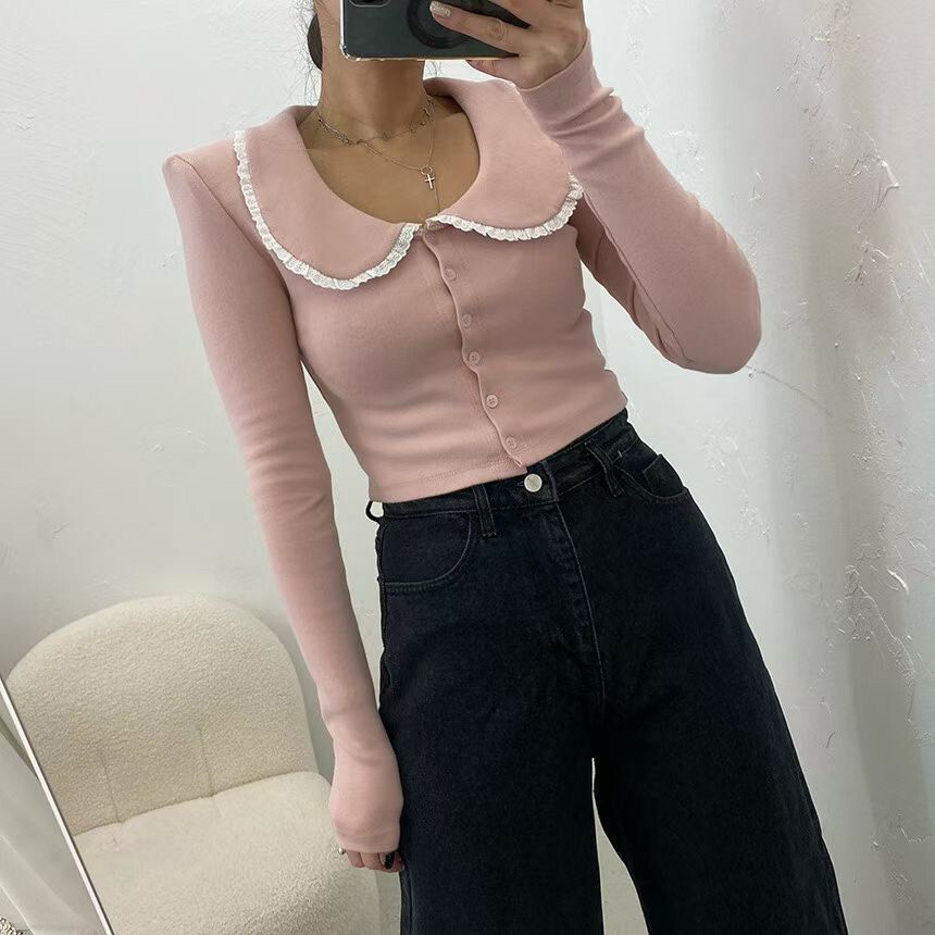 白邊領墊肩合身T