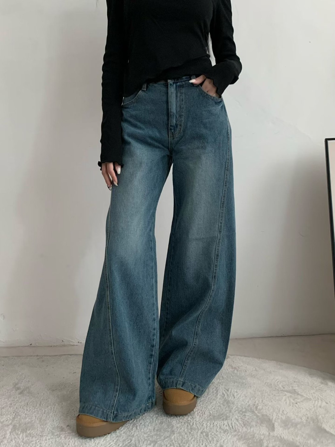 彎刀寬管牛仔長褲