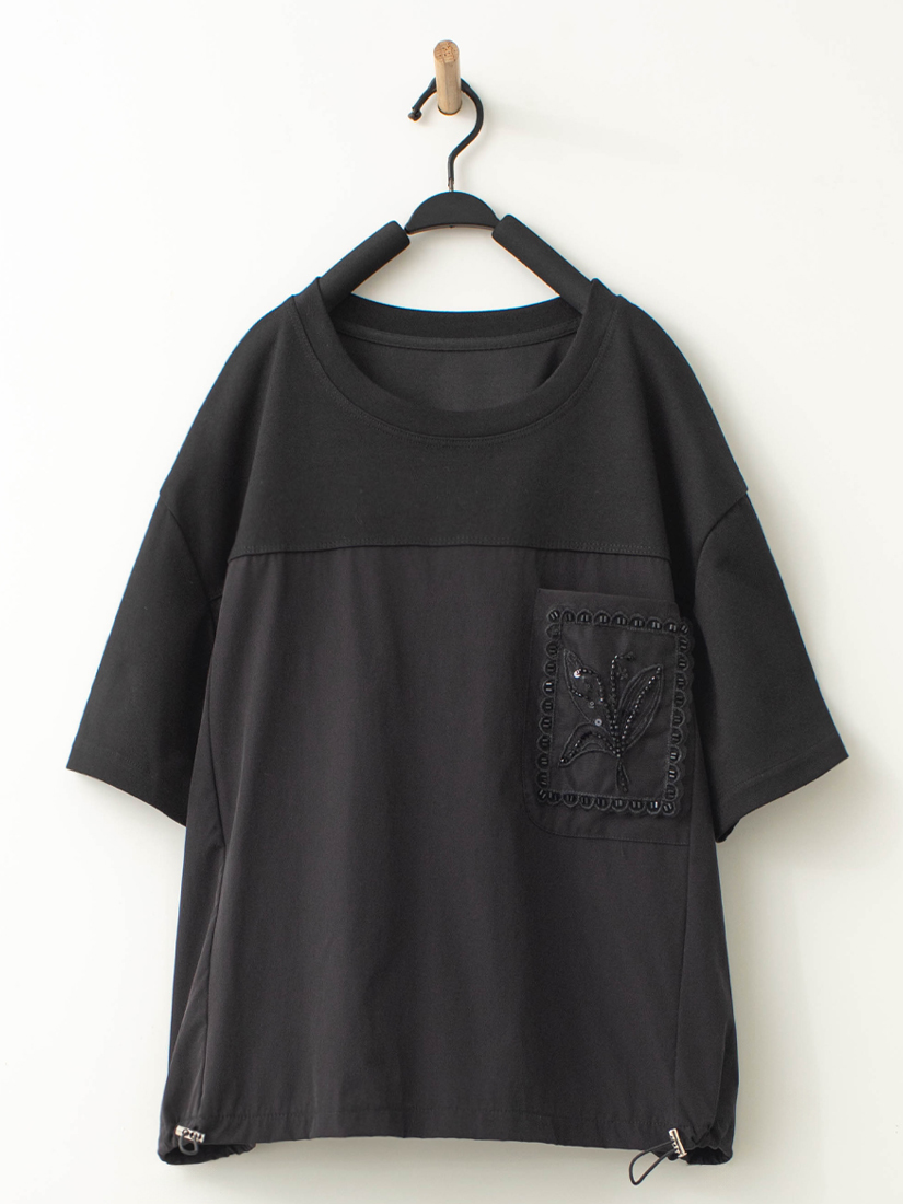 蕾絲縫珠口袋下擺抽繩上衣