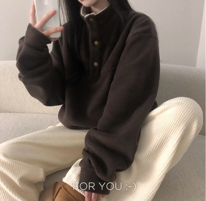 秋冬預訂｜寬鬆高領半扣抓絨上衣