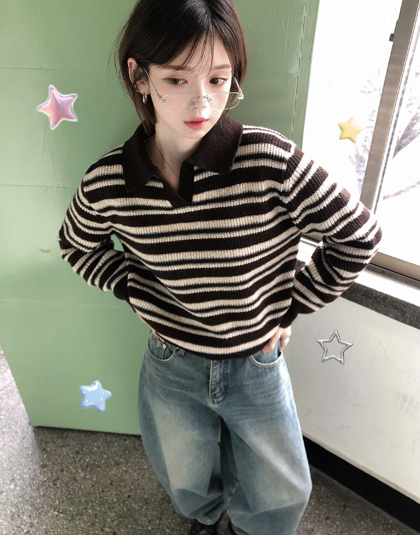 秋冬預訂｜撞色條紋領羊毛針織衫