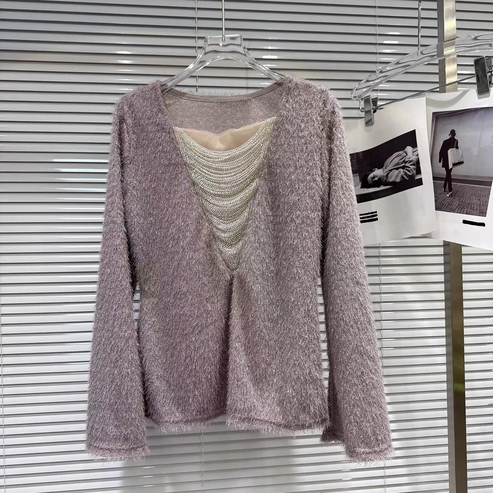 V領串珠流蘇鬚鬚毛上衣