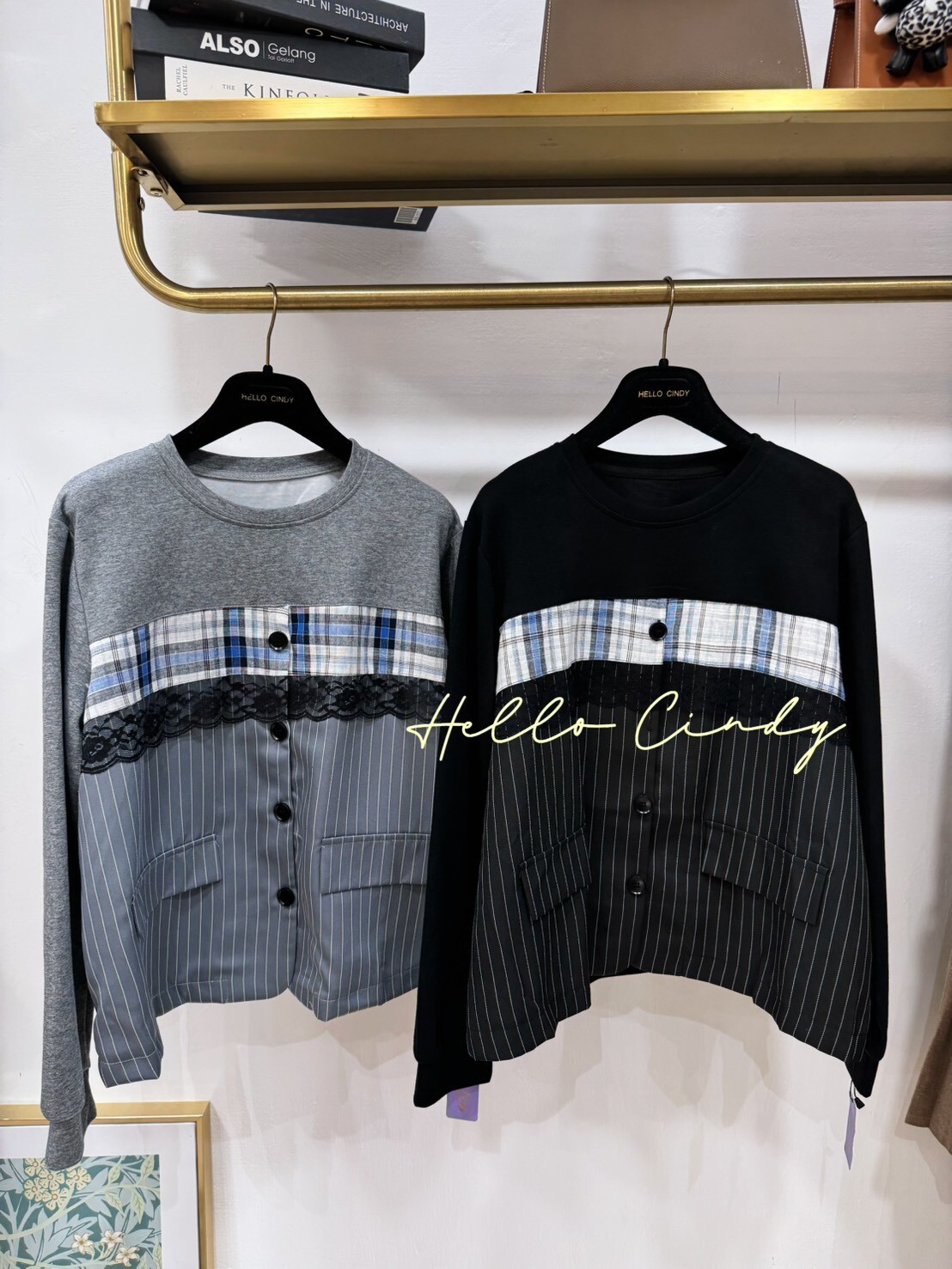 B12023 顯瘦必買的設計款條紋襯衫拼接蕾絲顯瘦上衣