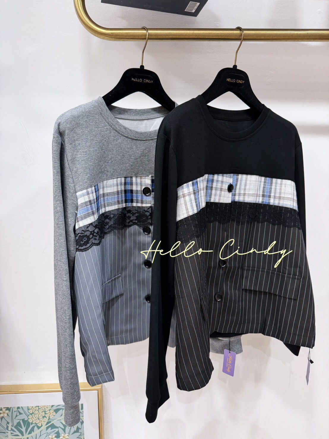 B12023 顯瘦必買的設計款條紋襯衫拼接蕾絲顯瘦上衣