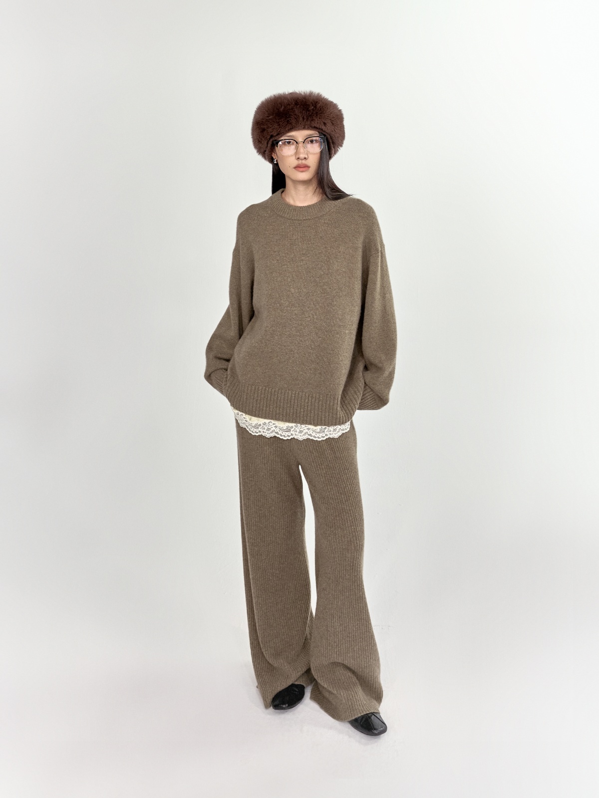 HANAA 新款100%康賽妮羊絨豎條紋寬腿褲