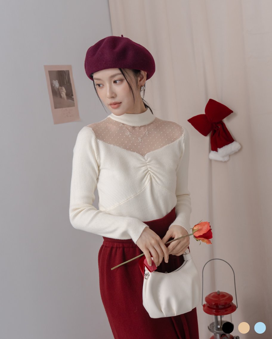 氣質抓皺針織拼紗上衣