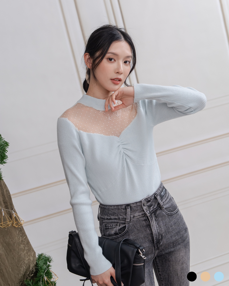 氣質抓皺針織拼紗上衣