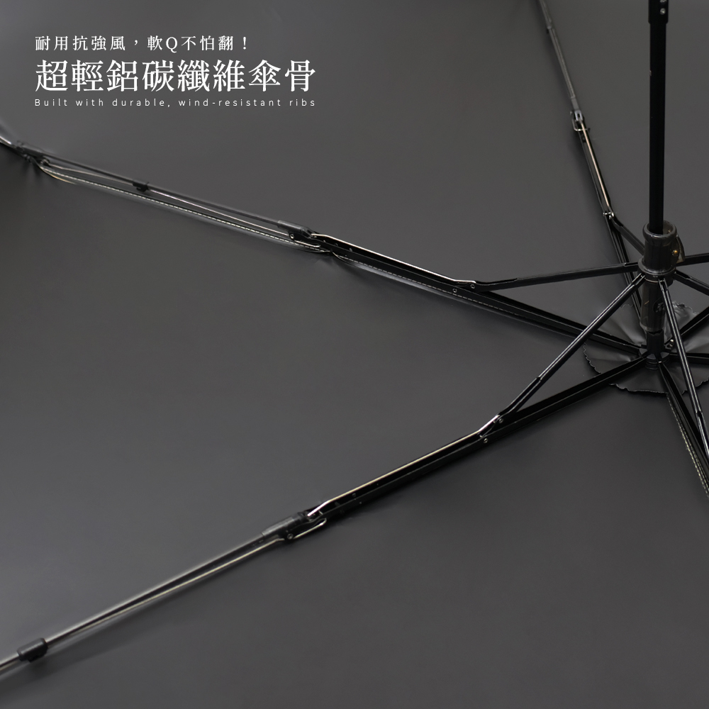 極致潑水三折碳纖素色傘,採用碳纖維傘骨,達到輕巧抗強風彈性佳