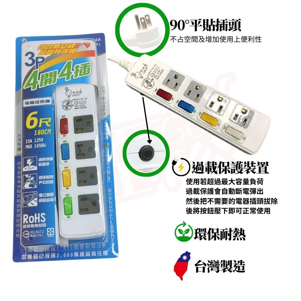 電精靈4開4插延長線3P插座6尺/9尺/15尺｜獨立開關 過載保護 防火PC材質 6尺/9尺/15尺 電腦延長線 插座 安全延長線【輕鬆購五金百貨】