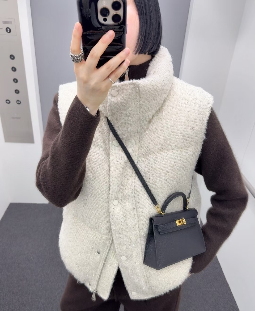 輕奢感羽絨立領毛呢背心外套-F