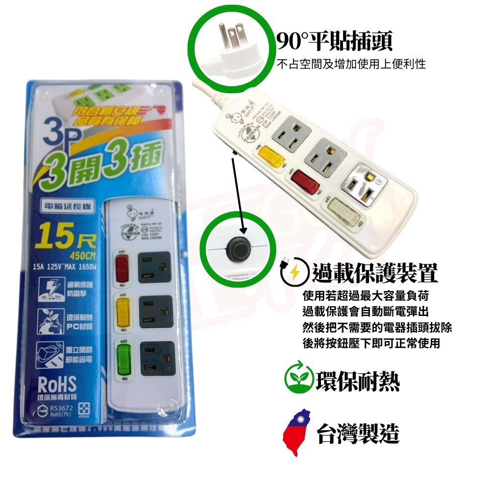 電精靈3開3插延長線3P插座6尺/9尺/15尺｜獨立開關過載保護防火PC材質電腦延長線插座安全延長線【輕鬆購五金百貨】