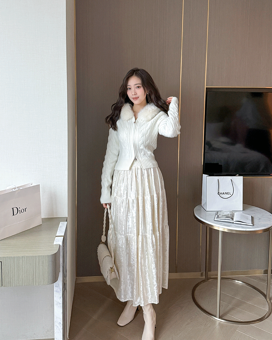 LINA LINA貴氣柔美光澤蛋糕鬆緊長裙-香檳杏