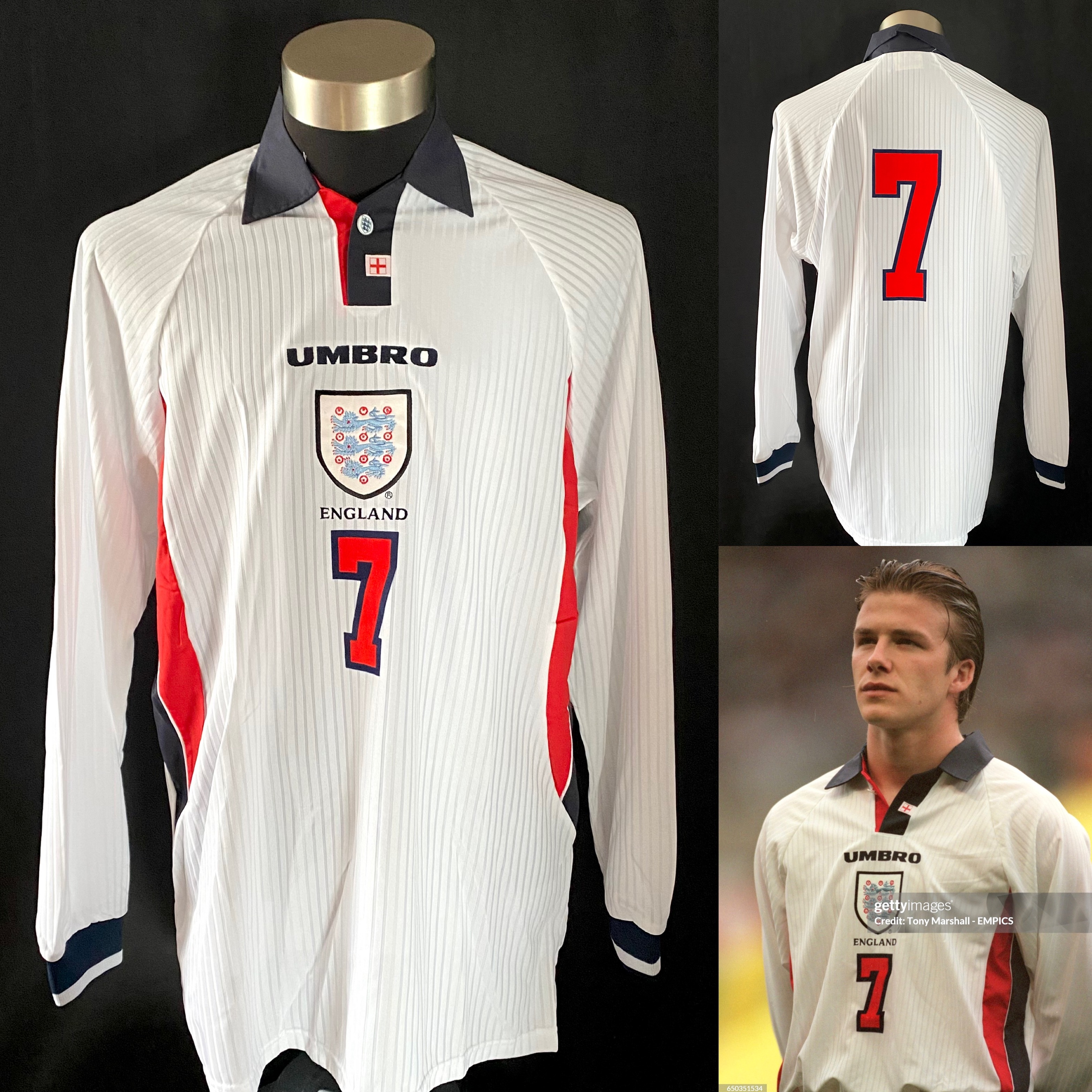 (Match Issue) England 1997-1999 Umbro L/S Home Match Issue Shirt #7 BECKHAM