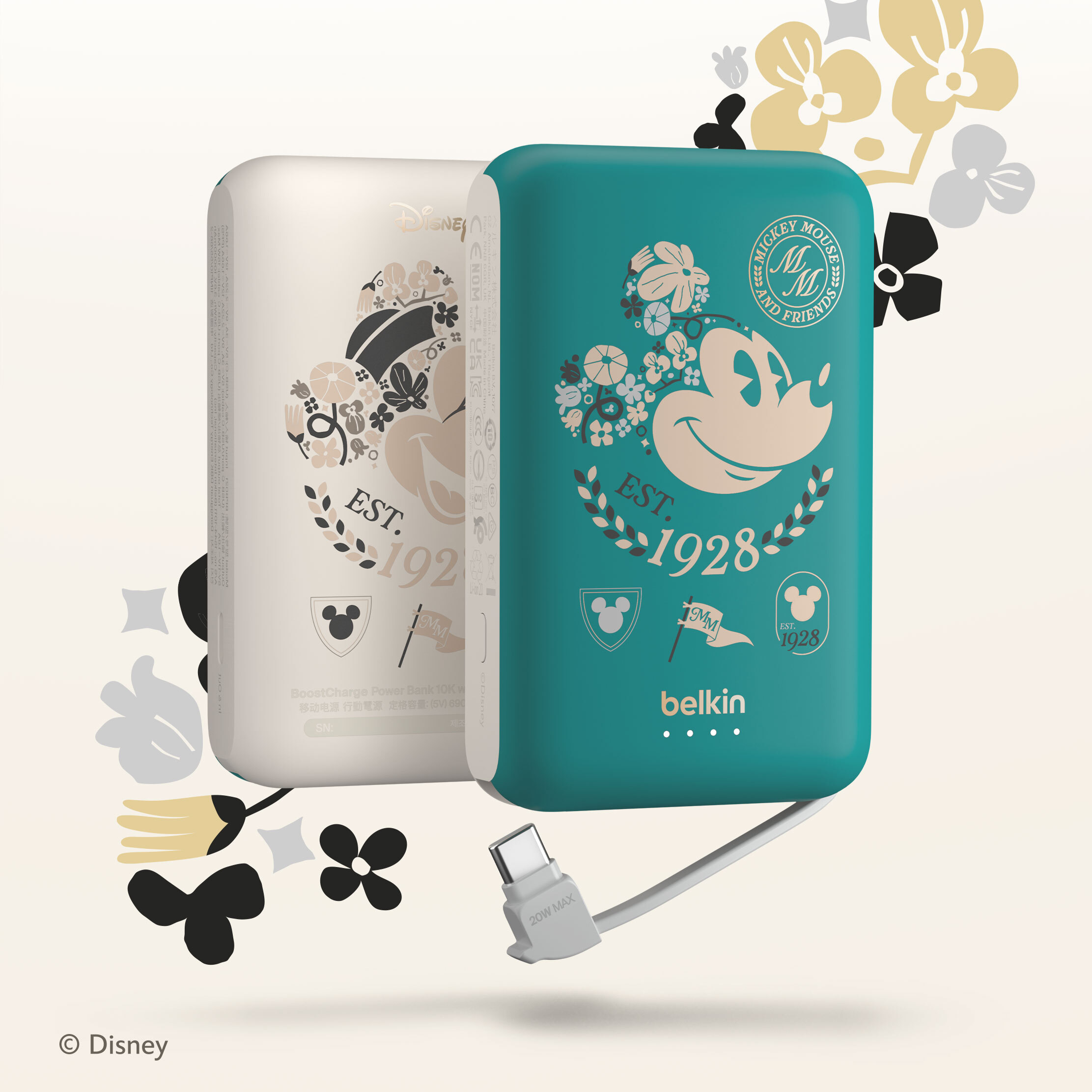 BoostCharge 便攜式行動電源 10K + 內置USB-C充電線 (米奇, 綠米色, 迪士尼系列)