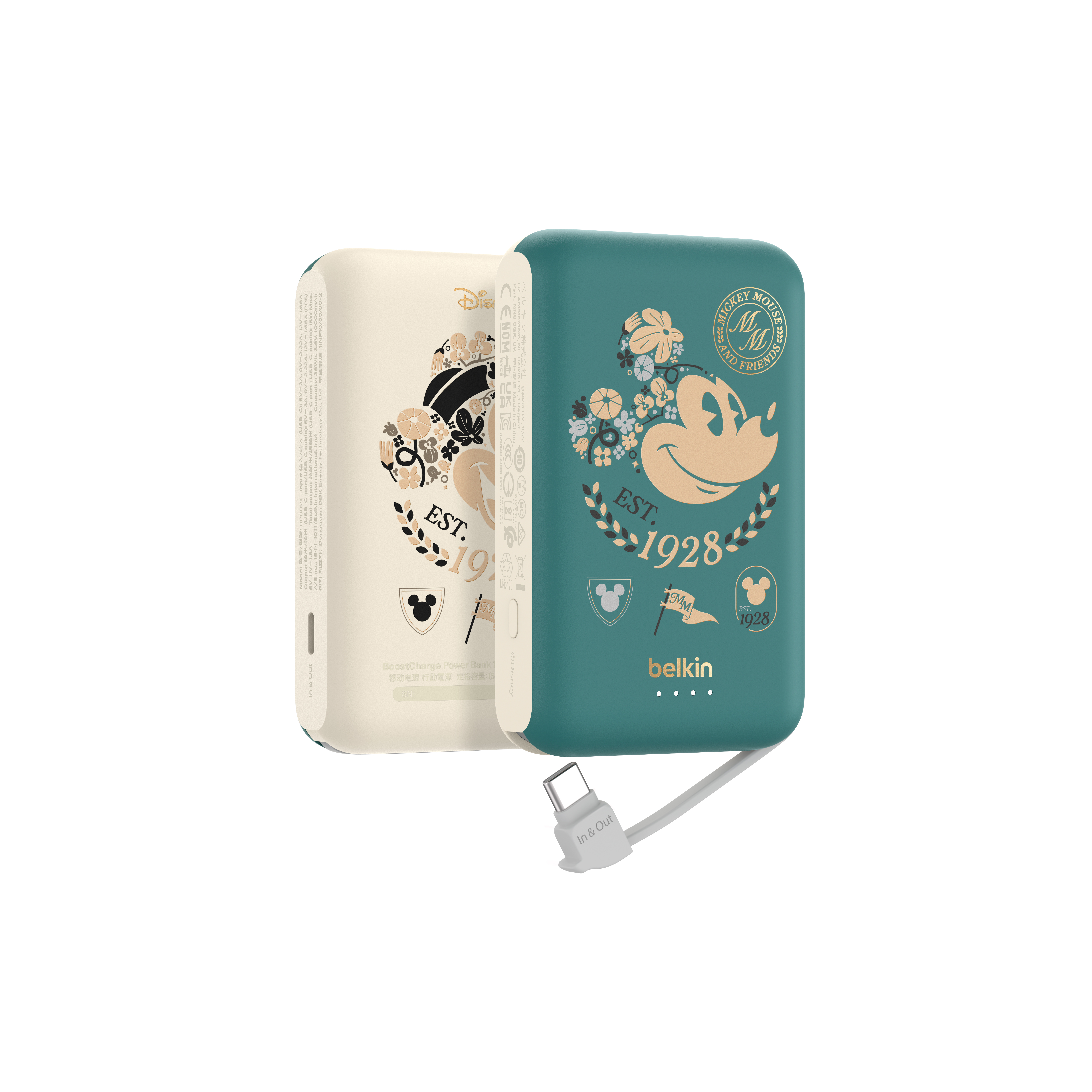 BoostCharge 便攜式行動電源 10K + 內置USB-C充電線 (米奇, 綠米色, 迪士尼系列)