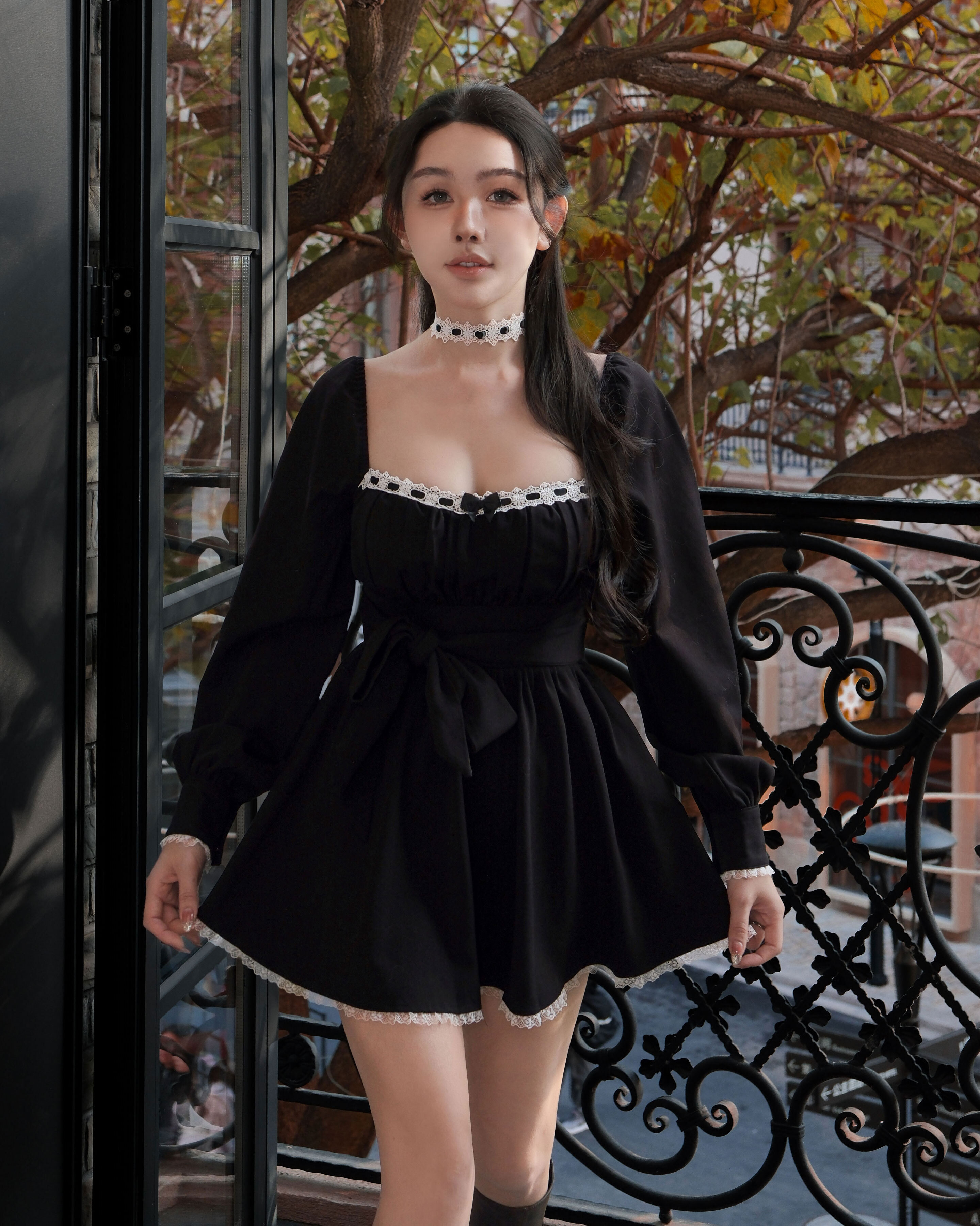 訂製-純欲方領蕾絲撞色連身褲裝