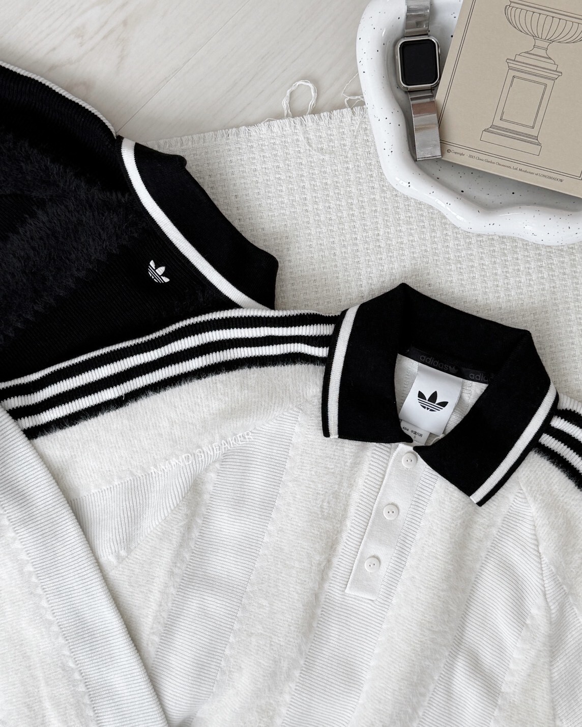 ADIDAS ORIGINALS 同色條紋 針織翻領 長袖上衣 兩色